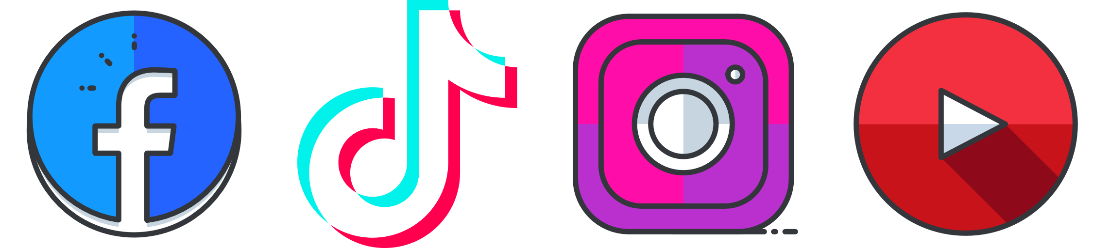 Facebook, TikTok, Instagram, YouTube logos